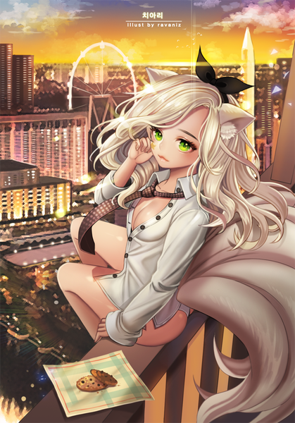Anime picture 650x931 with original ravaniz single long hair tall image looking at viewer light erotic sitting green eyes animal ears white hair tail animal tail city cityscape girl shirt necktie