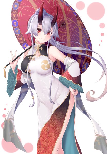 Anime picture 1252x1800 with fate (series) fate/grand order tomoe gozen (fate) mentai mayo single long hair tall image looking at viewer blush fringe breasts simple background smile hair between eyes red eyes standing white background holding payot silver hair