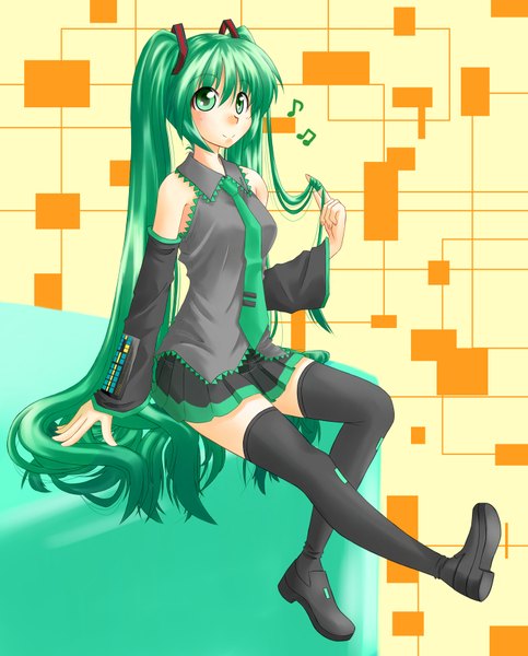 Anime picture 1400x1736 with vocaloid hatsune miku shinzaki kai single tall image smile sitting twintails green eyes very long hair green hair girl thighhighs skirt hair ornament black thighhighs detached sleeves miniskirt necktie vest