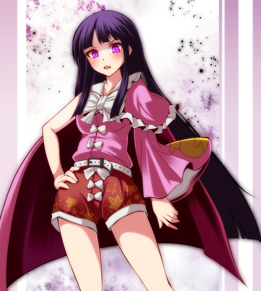 Anime picture 1792x2000 with touhou houraisan kaguya s-syogo single long hair tall image looking at viewer blush highres open mouth purple eyes purple hair girl shorts