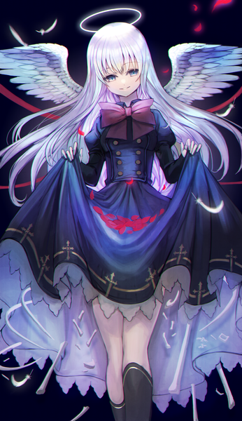 Anime picture 3000x5200 with original amahara subaru single long hair tall image looking at viewer fringe highres blue eyes simple background smile hair between eyes standing holding payot silver hair head tilt zettai ryouiki puffy sleeves floating hair