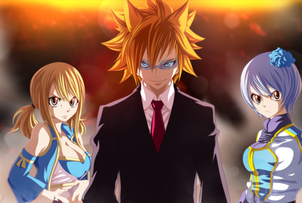 Anime picture 1328x898 with fairy tail lucy heartfilia loke yukino aguria tremblax long hair short hair blue eyes blonde hair smile twintails multiple girls hair flower grey hair grey eyes tattoo coloring light girl boy