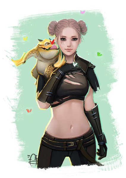 Anime picture 1000x1415 with archeage (game) tagme (character) odrie ace west single tall image looking at viewer short hair simple background brown hair white background signed light smile lips realistic bare belly grey eyes hair bun (hair buns) torn clothes freckles