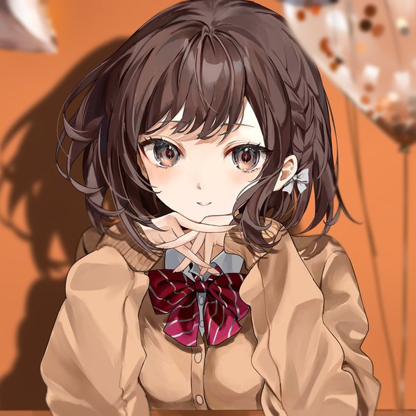 Anime-Bild 2500x2500 mit project sekai shinonome ena mikanoisi single looking at viewer fringe highres short hair smile brown hair sitting brown eyes upper body braid (braids) long sleeves parted lips blurry shadow depth of field sleeves past wrists