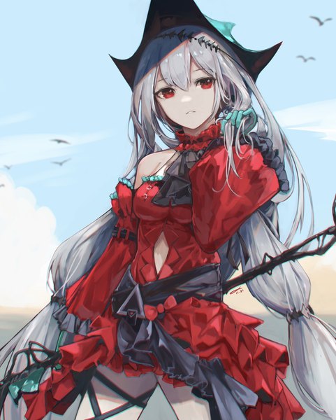 Anime picture 1242x1549 with arknights skadi (arknights) skadi the corrupting heart (arknights) jushoro single tall image fringe hair between eyes red eyes standing twintails looking away sky silver hair cloud (clouds) very long hair low twintails official alternate costume girl dress