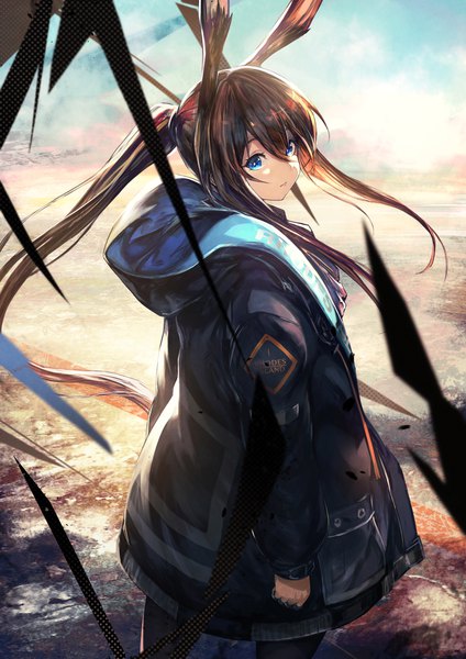 Anime picture 1536x2172 with arknights amiya (arknights) shirataki jiro single long hair tall image fringe blue eyes hair between eyes brown hair standing animal ears payot sky cloud (clouds) outdoors ponytail long sleeves looking back bunny ears