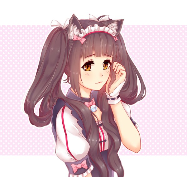 Anime picture 1500x1420 with neko paradise neko works (studio) chocola (nekopara) taiqa (taisiya deeva) single long hair brown hair twintails animal ears payot looking away upper body tail cat ears cat girl orange eyes puffy sleeves adjusting hair polka dot bell collar