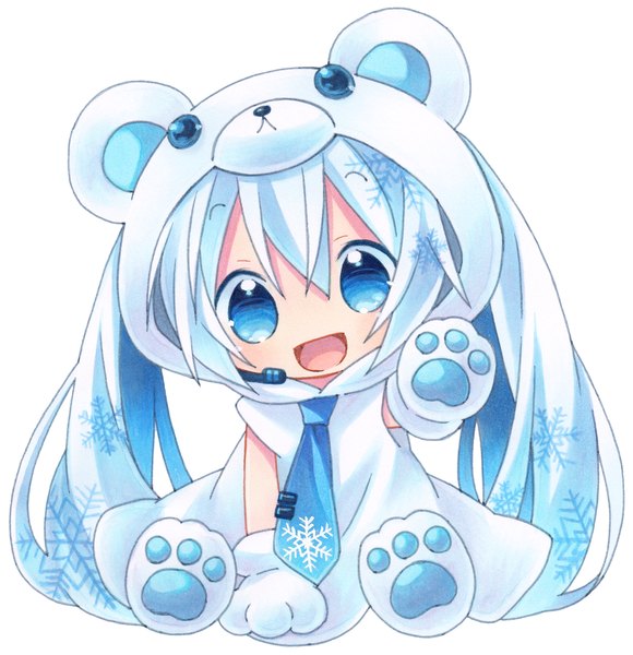 Anime picture 1500x1552 with vocaloid hatsune miku yuki miku kagami leo single tall image looking at viewer open mouth blue eyes simple background white background sitting twintails blue hair very long hair chibi girl necktie microphone animal costume