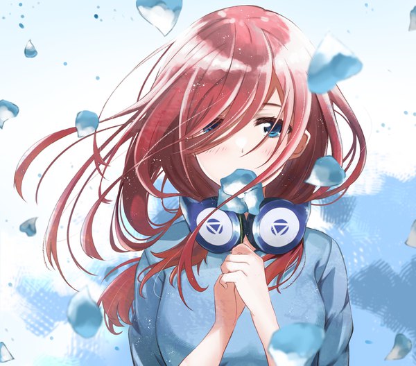 Anime picture 1474x1299 with go-toubun no hanayome nakano miku taku3949 single long hair looking at viewer blush fringe breasts blue eyes simple background hair between eyes holding upper body red hair gradient background floating hair portrait covered mouth hands clasped