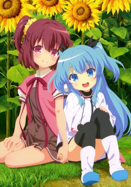 Anime picture 4089x5858 with sora no method nyantype noel (sora no method) komiya nonoka long hair tall image looking at viewer blush highres short hair open mouth blue eyes purple eyes multiple girls blue hair absurdres purple hair official art two side up one side up