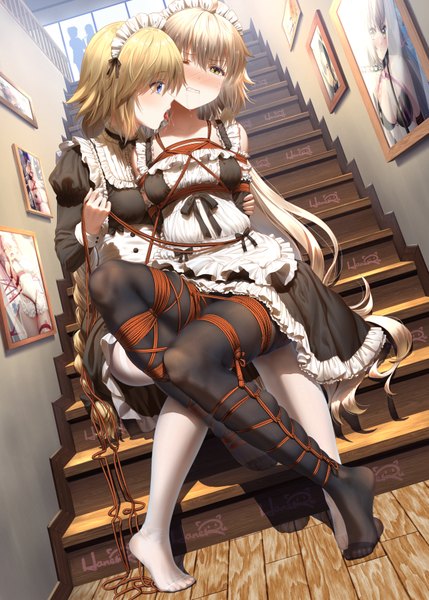 Anime-Bild 1295x1812 mit fate (series) fate/grand order fate/apocrypha jeanne d'arc (fate) (all) jeanne d'arc alter (fate) jeanne d'arc (fate) haneru tall image blush fringe open mouth blue eyes light erotic blonde hair hair between eyes sitting multiple girls brown eyes signed looking away