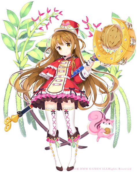 Anime picture 2448x3091 with flower night girl kurumi (flower night girl) kimishima ao single long hair tall image looking at viewer blush fringe highres smile brown hair standing white background holding yellow eyes full body head tilt two side up floating hair