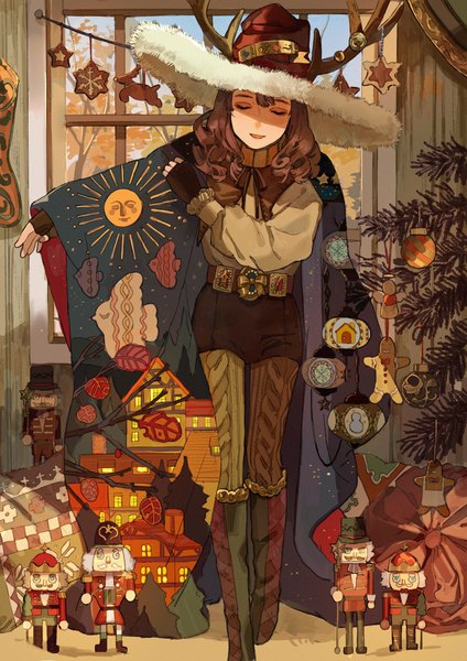 Anime picture 2894x4093 with original qooo003 single long hair tall image highres brown hair standing indoors eyes closed parted lips horn (horns) christmas curly hair antlers double exposure girl gloves boots belt