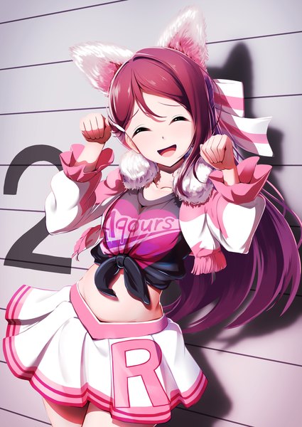 Anime picture 2508x3541 with love live! sunshine!! sunrise (studio) love live! sakurauchi riko amaki-chan single long hair tall image looking at viewer fringe highres open mouth smile standing animal ears red hair eyes closed open clothes shadow midriff