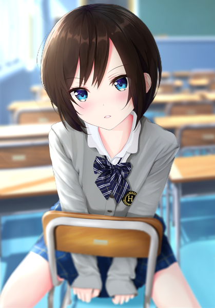 Anime picture 909x1300 with original mito ichijyo single tall image looking at viewer blush fringe short hair blue eyes hair between eyes brown hair sitting parted lips sunlight spread legs depth of field sleeves past wrists plaid classroom girl