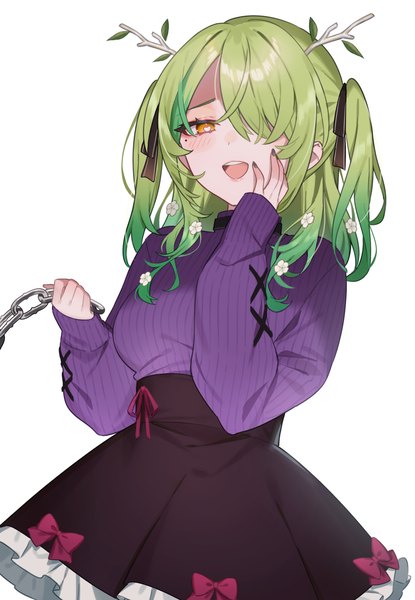 Anime picture 1362x1967 with virtual youtuber hololive hololive english ceres fauna gukurosawa01 single long hair tall image blush fringe open mouth simple background standing white background holding upper body nail polish hair flower horn (horns) green hair