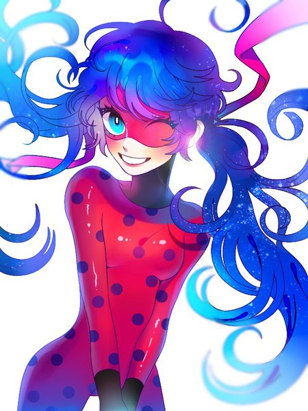 Anime-Bild 600x800 mit miraculous ladybug marinette cheng ladybug (character) tagme (artist) single long hair tall image looking at viewer blue eyes simple background smile white background twintails blue hair one eye closed wink low twintails polka dot girl bodysuit