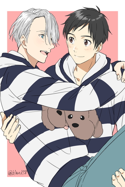 Anime picture 1009x1511 with yuri!!! on ice mappa viktor nikiforov katsuki yuuri makkachin natsuko (bluecandy) tall image short hair open mouth blue eyes black hair smile brown eyes silver hair fingernails multiple boys couple twitter username striped pink background