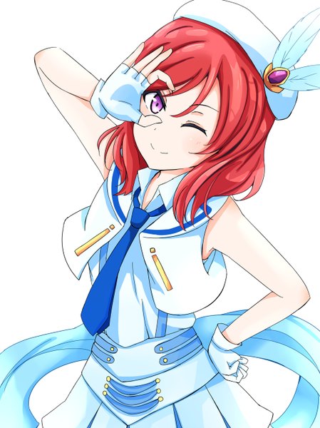 Anime picture 1022x1366 with love live! school idol project sunrise (studio) love live! nishikino maki basira single long hair tall image looking at viewer blush fringe simple background smile standing white background purple eyes red hair one eye closed from above wink