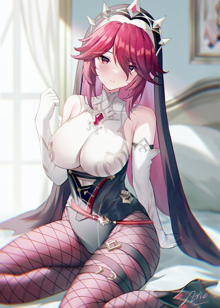 Anime picture 1000x1400 with genshin impact rosaria (genshin impact) eric (tianqijiang) single tall image looking at viewer blush fringe short hair breasts light erotic hair between eyes red eyes large breasts sitting red hair indoors yokozuwari impossible clothes girl