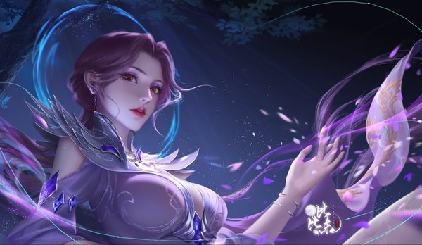 Anime picture 2965x1719 with douluo continent bibi dong (douluo dalu) tagme (artist) single long hair looking at viewer highres breasts red eyes wide image purple hair upper body parted lips night from below night sky copyright name floating hair girl plant (plants)