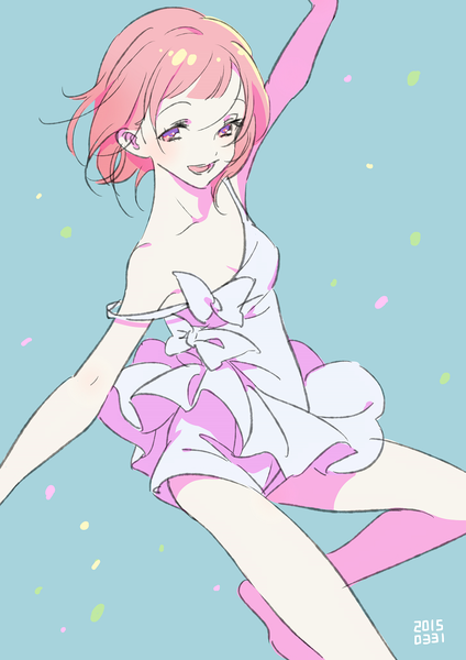 Anime picture 868x1228 with original morikura en single tall image looking at viewer blush fringe short hair open mouth simple background standing bare shoulders pink hair bent knee (knees) pink eyes bare legs dated spread arms blue background strap slip