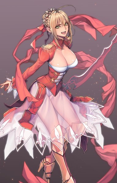Anime picture 700x1097 with fate (series) fate/extra nero claudius (fate) (all) oda non single tall image looking at viewer short hair breasts open mouth light erotic blonde hair simple background large breasts green eyes cleavage ahoge grey background girl armor