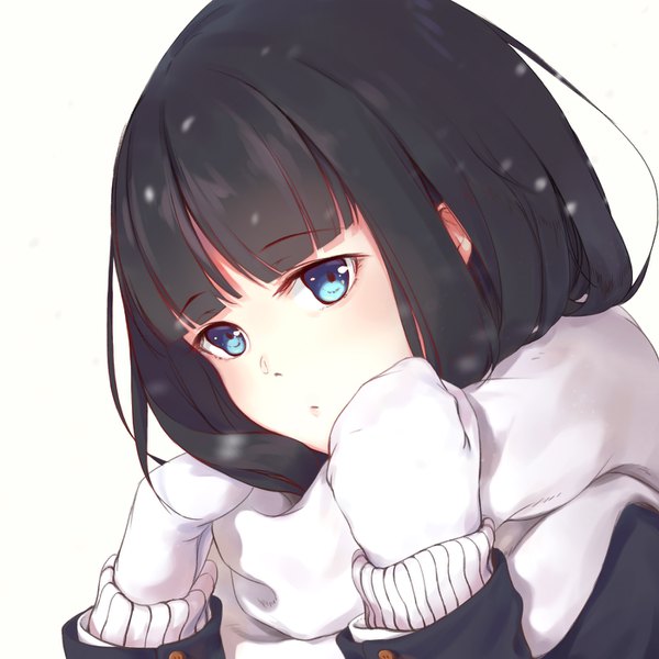 Anime picture 1400x1400 with white album 2 touma kazusa fei mao single long hair looking at viewer fringe blue eyes black hair simple background white background blunt bangs head tilt close-up girl gloves white gloves scarf