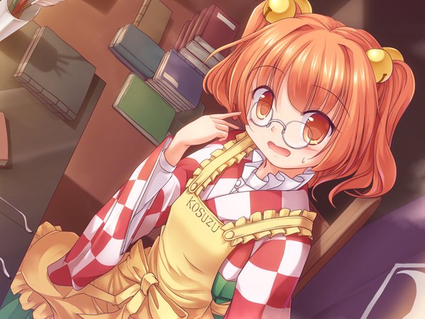 Anime-Bild 1600x1200 mit touhou motoori kosuzu lzh single looking at viewer short hair open mouth brown hair brown eyes long sleeves traditional clothes japanese clothes wide sleeves sweat two side up character names checkered hair bell girl hair ornament