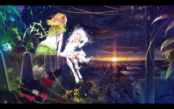 Anime picture 1440x900 with original karasu-san (syh3iua83) long hair short hair blonde hair smile wide image sitting bare shoulders multiple girls pink hair sky cloud (clouds) white hair multicolored hair barefoot hair flower from behind sunlight no shoes