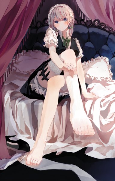 Anime picture 703x1100 with touhou izayoi sakuya bou shaku single tall image looking at viewer blush fringe short hair breasts blue eyes sitting indoors braid (braids) barefoot grey hair arm support short sleeves maid high heels