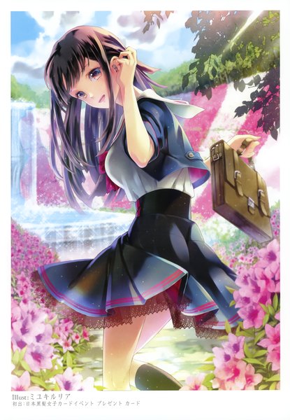 Аниме картинка 2406x3475 с оригинальное изображение miyuki ruria один (одна) длинные волосы высокое изображение высокое разрешение открытый рот чёрные волосы карие глаза скан водопад девушка форма цветок (цветы) школьная форма вода школьная сумка