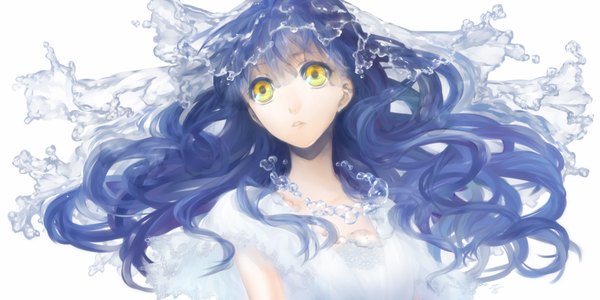 Anime picture 1800x900 with original daikichi maru single long hair highres simple background wide image white background yellow eyes looking away wavy hair girl dress choker water white dress