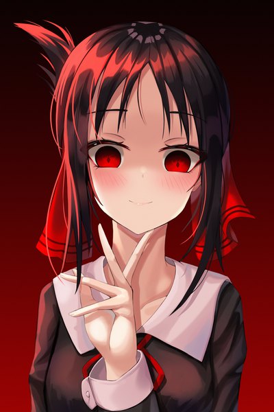 Anime picture 3000x4500 with kaguya-sama wa kokurasetai ~tensai-tachi no renai zunousen~ a-1 pictures shinomiya kaguya ryon y0421 single long hair tall image blush highres black hair simple background smile red eyes gradient background portrait red background folded ponytail girl uniform ribbon (ribbons)