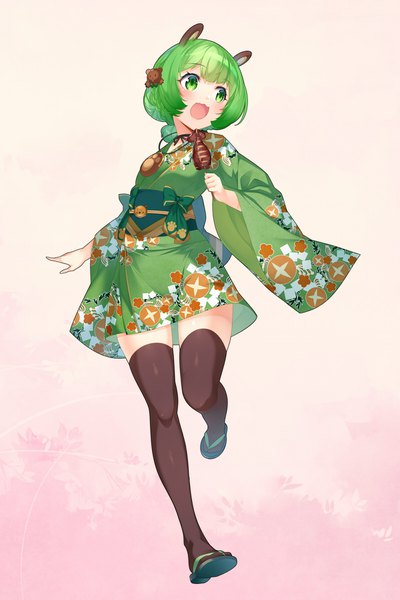 Anime picture 1200x1800 with virtual youtuber animare hinokuma ran kokka han single tall image blush fringe short hair open mouth simple background smile standing holding green eyes animal ears looking away full body traditional clothes :d