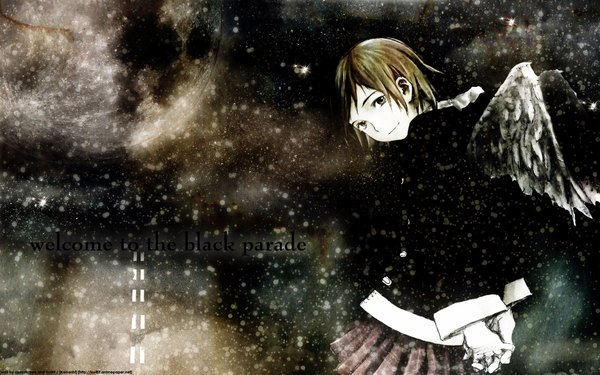 Anime picture 1920x1200 with haibane renmei rakka (haibane) abe yoshitoshi single highres short hair simple background smile brown hair wide image white background brown eyes signed pleated skirt wallpaper snowing hands behind back third-party edit interlocked fingers girl