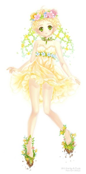 Anime picture 510x1030 with original a.yuuki (au7) tall image blush short hair open mouth simple background blonde hair white background bare shoulders green eyes hair flower loli girl dress hair ornament flower (flowers) plant (plants) sundress wreath