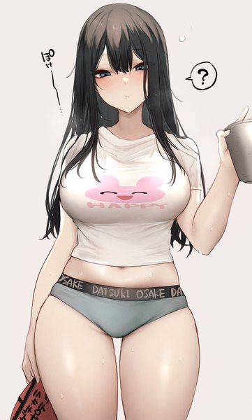 Anime picture 1000x1663 with original danimaru single long hair tall image looking at viewer blush fringe breasts blue eyes light erotic black hair simple background hair between eyes large breasts standing holding short sleeves midriff sweat