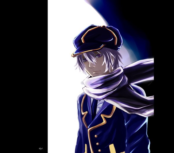Anime picture 2552x2256 with tegami bachi gauche suede shadow3121 single looking at viewer fringe highres short hair hair between eyes purple eyes purple hair upper body boy uniform hat scarf cabbie hat