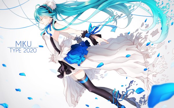 Anime picture 2400x1500 with vocaloid hatsune miku ling (vivianling) single highres twintails eyes closed very long hair aqua hair girl thighhighs dress ribbon (ribbons) black thighhighs petals frills headphones