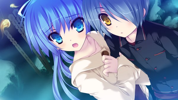 Anime picture 1280x720 with blades heart (game) long hair short hair open mouth blue eyes wide image yellow eyes blue hair game cg girl boy