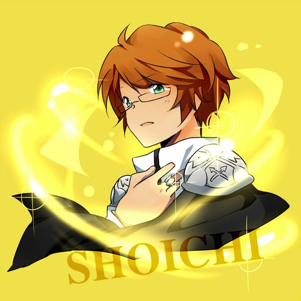Anime picture 1000x1000 with katekyou hitman reborn irie shouichi matsurinnu single looking at viewer short hair open mouth simple background green eyes orange hair inscription yellow background boy glasses ring