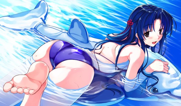 Anime picture 2048x1210 with suiheisen made nan mile? koga sayoko misaki kurehito cradle (artist) single long hair highres light erotic wide image blue hair ass barefoot black eyes soles jpeg artifacts girl swimsuit inflatable toy inflatable dolphin