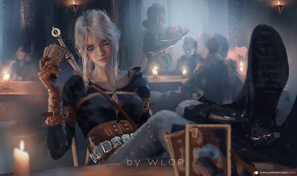 Anime picture 1792x1067 with the witcher the witcher 3 wild hunt ciri wlop long hair looking at viewer fringe highres breasts wide image sitting holding green eyes signed payot white hair indoors lips crossed legs watermark