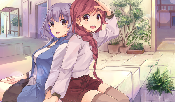 Anime picture 1240x729 with hai to gensou no grimgar a-1 pictures yume (grimgar) shihoru (grimgar) akame (akamiru) long hair looking at viewer blush fringe short hair breasts open mouth hair between eyes wide image sitting multiple girls brown eyes purple hair red hair braid (braids)