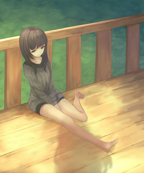 Anime picture 900x1080 with original somma single long hair tall image black hair sitting looking away black eyes bare legs girl sweater