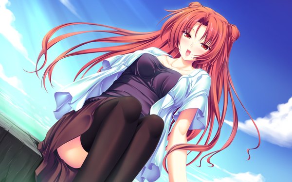 Anime picture 1920x1200 with magus tale whirlpool (studio) elda finis victoria tenmaso single long hair blush highres open mouth red eyes wide image sitting game cg sky cloud (clouds) red hair sunlight summer girl thighhighs