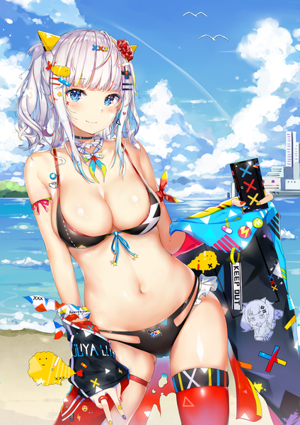 Anime picture 2262x3200 with virtual youtuber the moon studio kaguya luna kiriko (araragikoyomi) single long hair tall image looking at viewer blush highres breasts blue eyes light erotic large breasts standing twintails holding payot sky cleavage