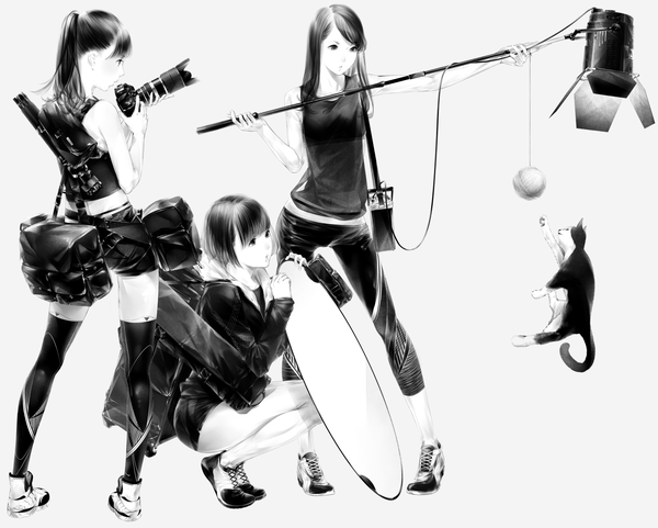 Anime picture 1500x1204 with original sousou (sousouworks) long hair looking at viewer short hair black hair multiple girls ponytail black eyes monochrome girl thighhighs black thighhighs animal shoes 3 girls cat bag sneakers camera