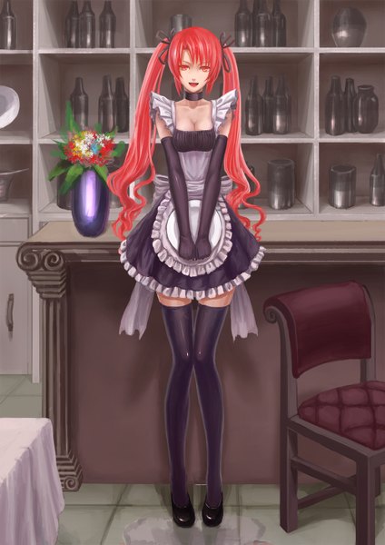 Anime picture 1000x1415 with original infukun single long hair tall image looking at viewer open mouth smile red eyes twintails cleavage red hair maid girl thighhighs dress flower (flowers) ribbon (ribbons) hair ribbon bouquet